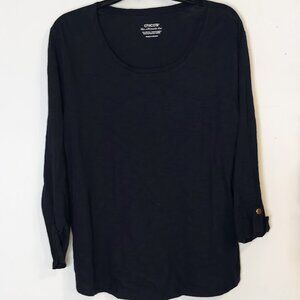 Chico's The Ultimate Tee 3/4 Sleeve Rolled Cuff Button Navy XL NWT
